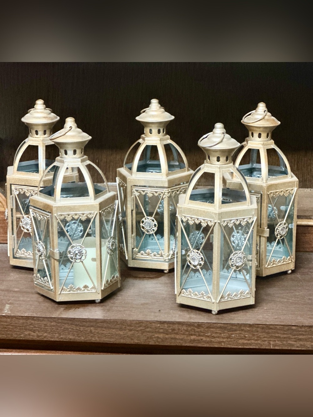 Decorative Gold Metal Lantern with Glass Panels -